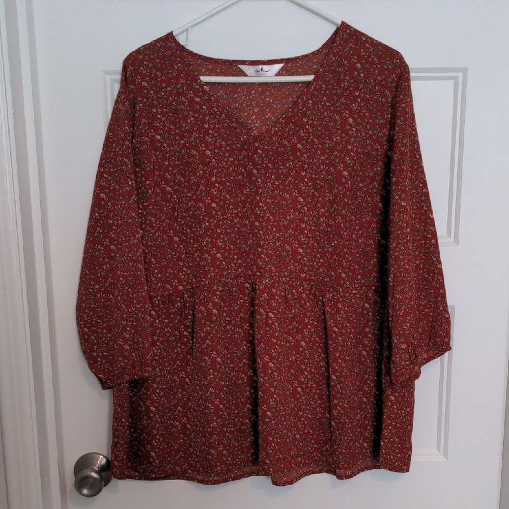 Agnes Orinda 1X Red Floral Polka Dot Babydoll Blouse V-Neck 3/4 Balloon Sleeve